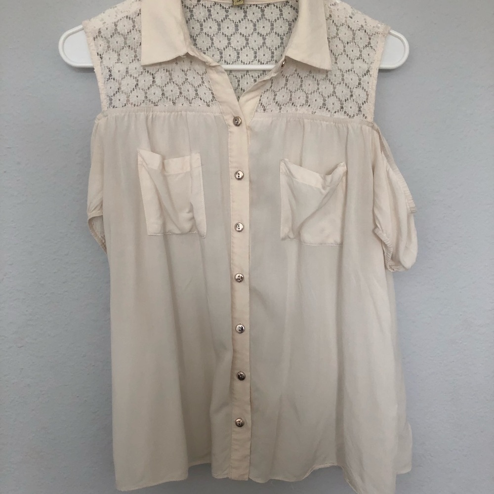 Shoulder cut out button down top with lace
